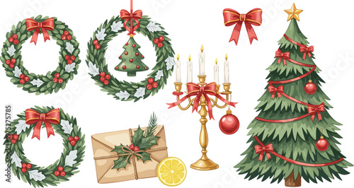 Vector Illustration of Christmas Decorations: Wreaths, Christmas Tree, Candles, and Holiday Elements for Festive Designs