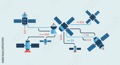 Satellite Communication Network Diagram Illustration, Space Data Connectivity Concept and Wireless Transmission Technology.