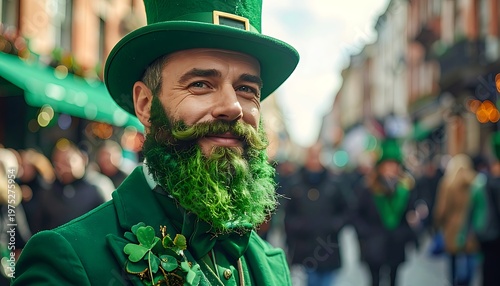 A man with a green beard and matching attire stands smiling in a crowd on a bustling street, celebrating a holiday