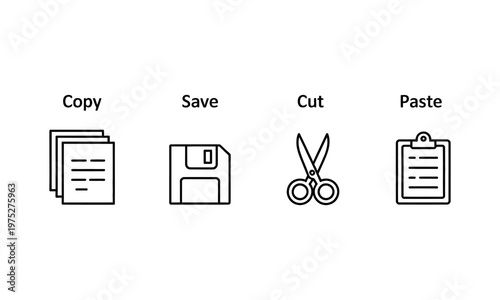 vector icons for text editing, including copy, save, cut and paste symbols for digital applications and web platforms.