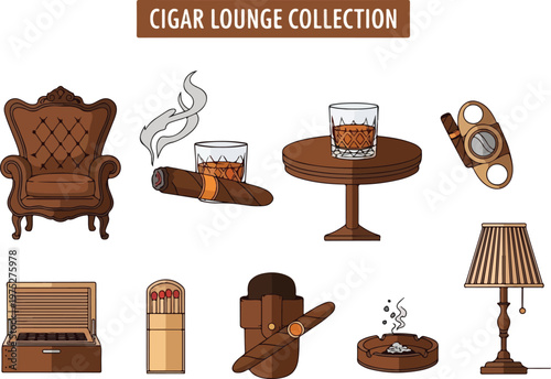 Cigar lounge collection illustration featuring armchairs, tables, glasses, cigars, and accessories for relaxation and enjoyment