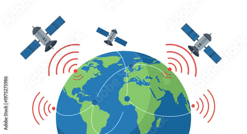 Global Communication Satellites Orbiting Earth with Data Network Signals Vector Illustration