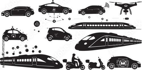 Black silhouettes of various modern vehicles and transportation methods