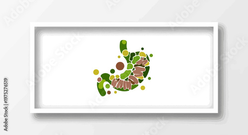 Abstract Stomach Illustration: Digestive System, Food Particles, and Health Concept