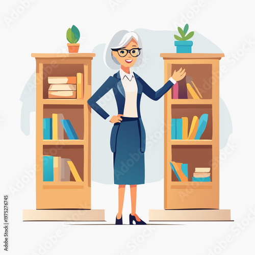 Elegant Senior Businesswoman Standing Between Bookshelves in Office Setting.