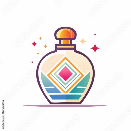 Elegant Perfume Bottle with Geometric Design and Sparkles.