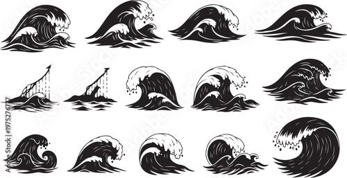 Black and white wave illustrations with sailing ships crashing