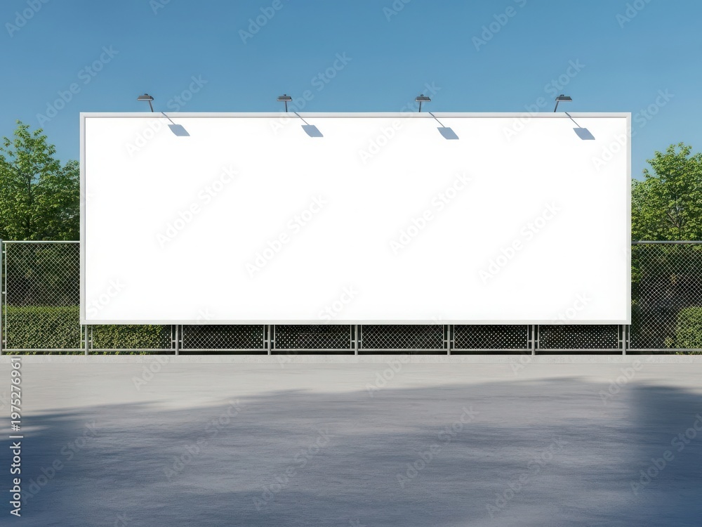 Obraz premium A large blank billboard stands tall against a clear blue sky with trees in the background.
