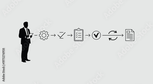 Businessman vector illustration with workflow icons, depicting process management, organizational planning and business strategy.