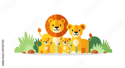Lion Family Flat Illustration: Male, Female, Cubs in Safari Environment