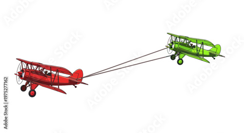 Red Biplane Towing Green Biplane Isolated on White Background