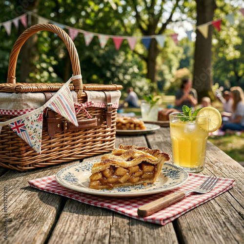 slice of apple pie on plate with fork and glass of lemonade on table