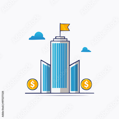 Financial institution building with flag and money coins.