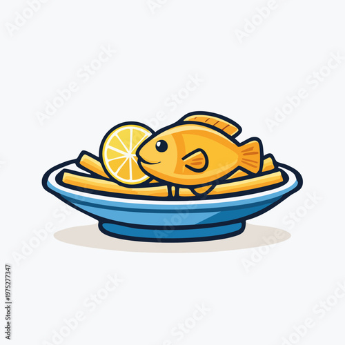 Fish and chips with lemon slice on a plate.
