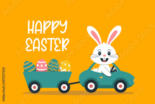 Bunny in a car. Easter poster and banner template with Easter eggs and easter bunny vector illustration. Easter greeting card with funny rabbit in a car. Happy Easter background beautiful design