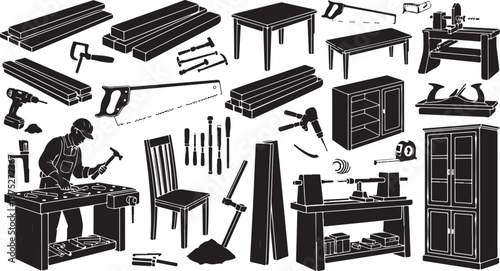 Illustration of carpentry tools and furniture making process detailed