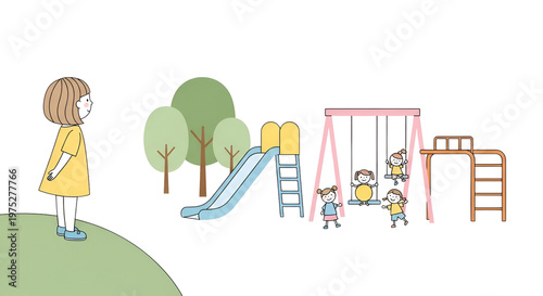Girl looking at children playing on playground equipment: slide swings climbing bars in cartoon vector illustration style