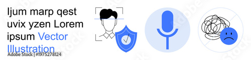 Digital identity, cybersecurity, voice commands, mental health support, communication, protection. a face with a shield, a microphone and a sad face. Identity verification and mental health support