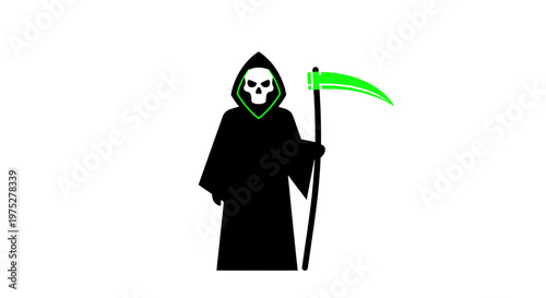Grim Reaper with Scythe, Halloween, Death, Scary, Icon, Silhouette, Black and Green
