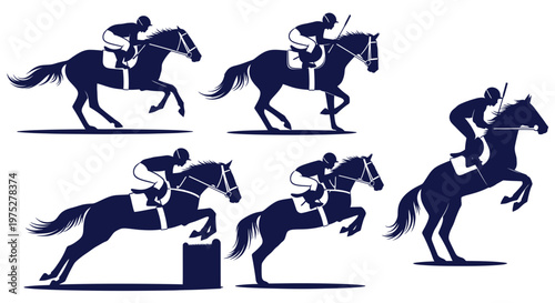 Horse Racing Silhouettes: Jockey and Horse in Motion, Jumping and Galloping
