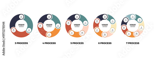 Vector circle arrows infographics set. 3, 4, 5, 6, 7 options, parts, steps. Template for cycle diagram, graph, presentation and round chart. Business concept with data processes.  vector eps
