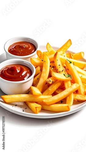 A plate of golden, crispy fries is served with two small bowls filled with rich, red dipping sauce against a bright white backdrop