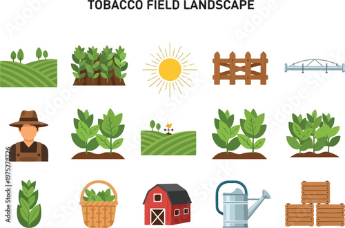 Collection of agricultural elements featuring tobacco crops, farm buildings, tools, and scenery