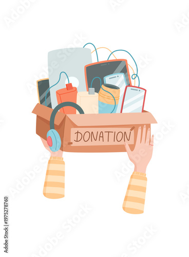 Flat donation scene with goods and electronic device box. Human hand lift charity gift as support for needy people. Concept for help and donate action on white background, modern icon community care