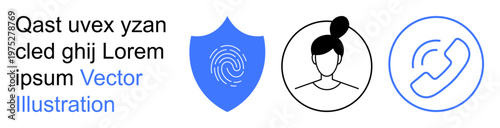 Digital security, personal identification, communication systems, technology design, identity verification, user interaction. Blue fingerprint shield, user avatar and phone symbol. Security