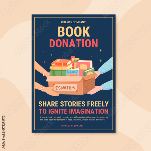 Charity book donation box on black background. Community support poster as people give each gift and help poor children with hope. Flat design print for ngo event or social donation and book drive