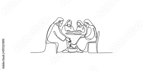 A continuous line art drawing of jesus washing a disciple's feet at the last supper