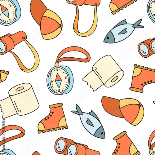 Colorfull camping doodle pattern sketch with seamless equipment and adventure theme. Hiking boot, compass, hat, and binoculars create a camp design in bright color style, ideal for outdoor