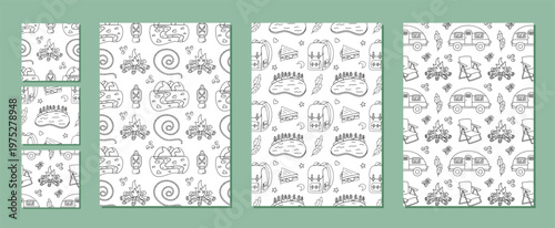 Seamless outdoor camp adventure pattern, black and white doodle set with tent, campfire and backpack pattern. Forest hiking journey, color ready collection for camping adventure themes.