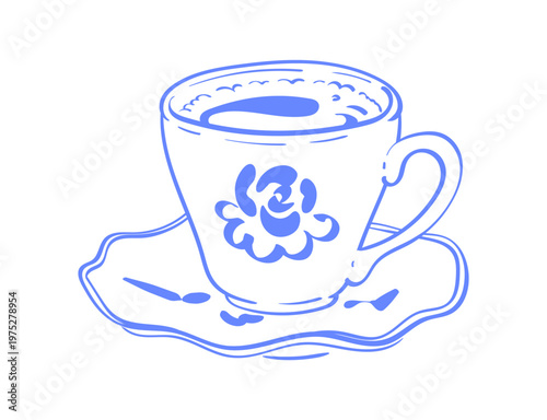 Coquette espresso cup doodle with whimsical cafe style. Cute coffee mug as brunch icon and vintage breakfast symbol. Minimalist ink line sketch on white background, ideal menu card or poster art