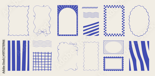 Vintage blue frame collection on light background. Retro card border pack with hand drawn ink line detail as whimsical doodle icon set. Minimalist rectangle and oval border mix for cafe menu,