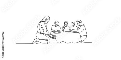 Continuous line art illustration of jesus washing the feet of his disciples during the last supper