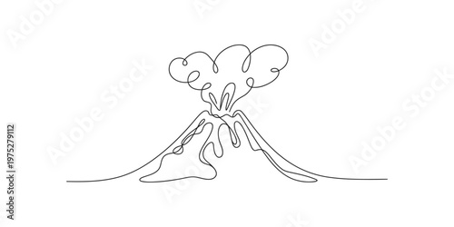 A minimalist continuous line art drawing depicting an erupting volcano with smoke and lava flow.