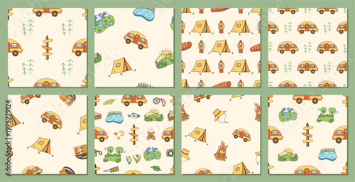 Colorful camp doodle seamless pattern set with tent, car, campfire, lantern, mountain, lake, and tree. Pattern presents adventure and outdoor theme, perfect for camping summer recreation