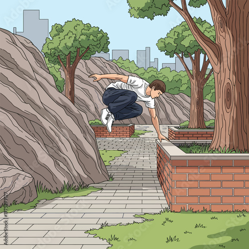 Young man practicing parkour vault jump in a city park.