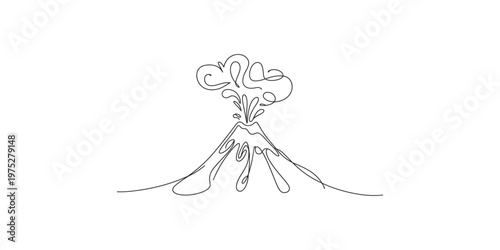 A single continuous line drawing of a volcano erupting with lava and smoke against a white background.