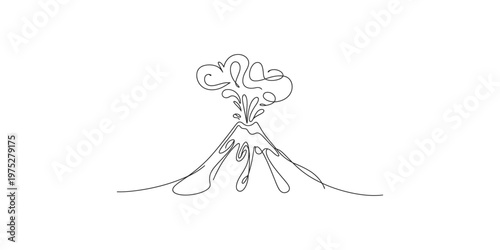 Continuous line art drawing of an erupting volcano with lava flowing down its slopes and smoke rising