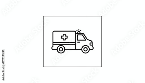 Ambulance Icon: Medical Emergency Vehicle Line Art with Cross Symbol