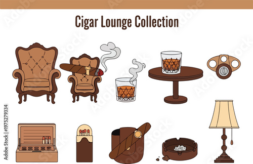 Cigar Lounge Collection of Furniture, Drinks, and Smoking Accessories