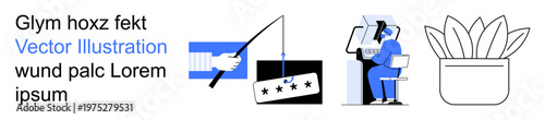 Cybersecurity, online scams, identity theft, digital protection, workplace security, data privacy. Hand holding a phishing hook, person at a security kiosk and a potted plant. Cybersecurity