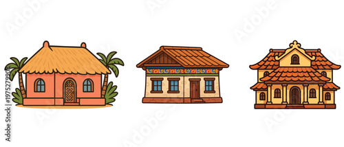 Set of three traditional houses with diverse roofs