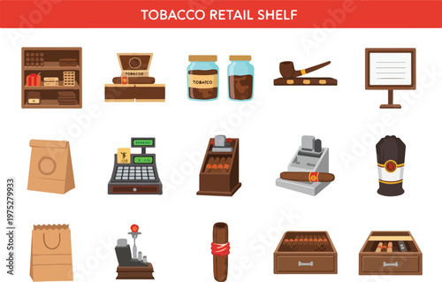 Collection of tobacco retail shelf icons representing products and equipment for sale in a store