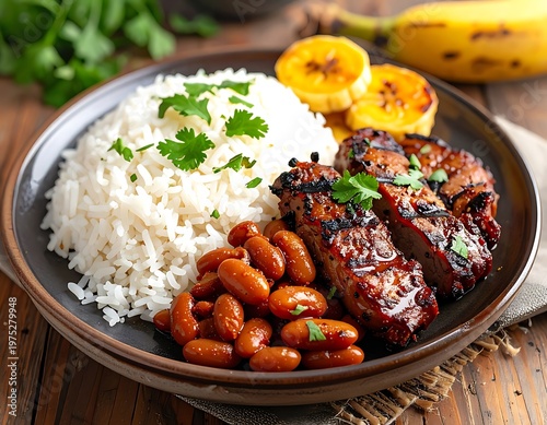 A plate showcases a meal with white rice, red beans, grilled meat, fried plantains, and sprigs of fresh green herbs