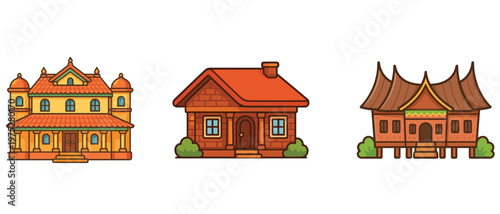 Three traditional styled houses flat illustration