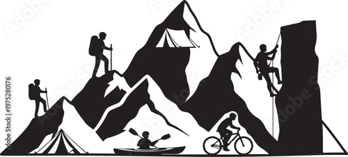 Adventure seekers exploring mountains with various outdoor activities together