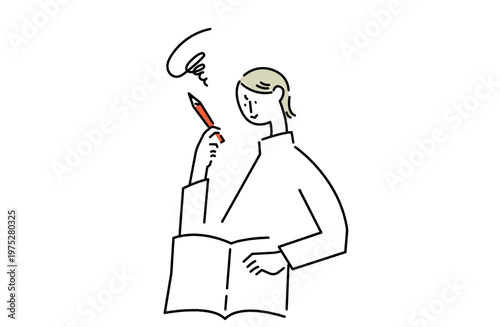 家計簿やアイデアノートを前にモヤモヤする女性の線画イラスト